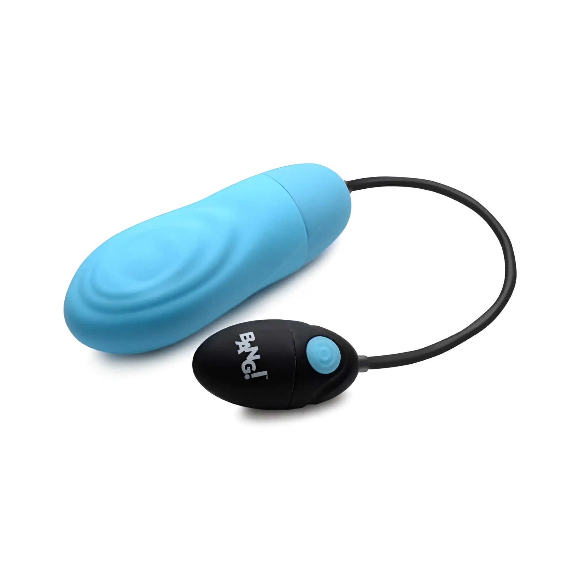 Blue silicone egg-shaped vibrator with black remote control featuring light blue button and jack branding bang 7x pulsing rechargeable bullet blue