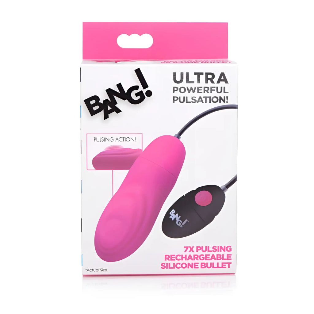 Pink bang 7x pulsing rechargeable silicone bullet vibrator with black remote control for adjustable stimulation