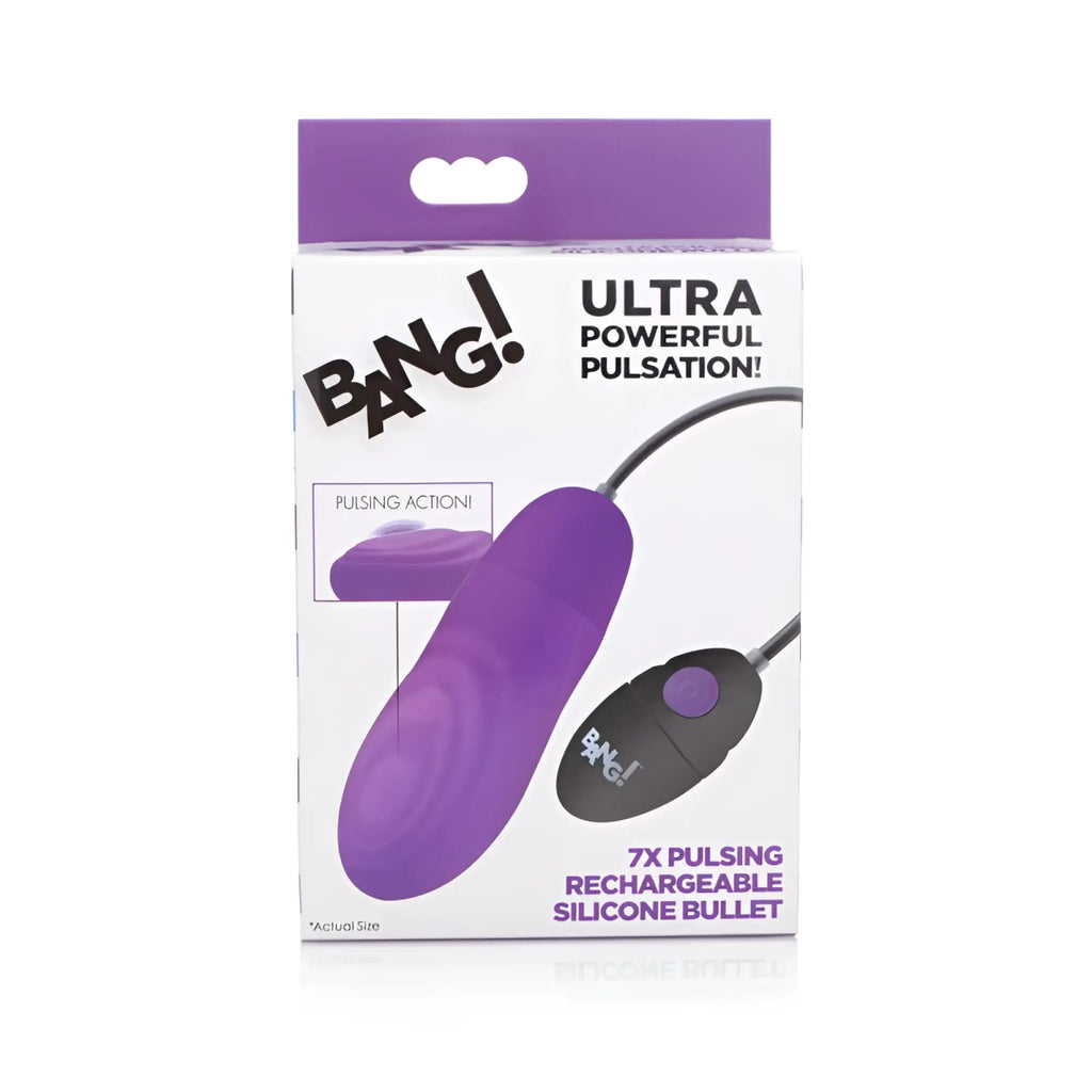 Purple silicone bullet vibrator with black remote control branded bang for pulsing rechargeable pleasure