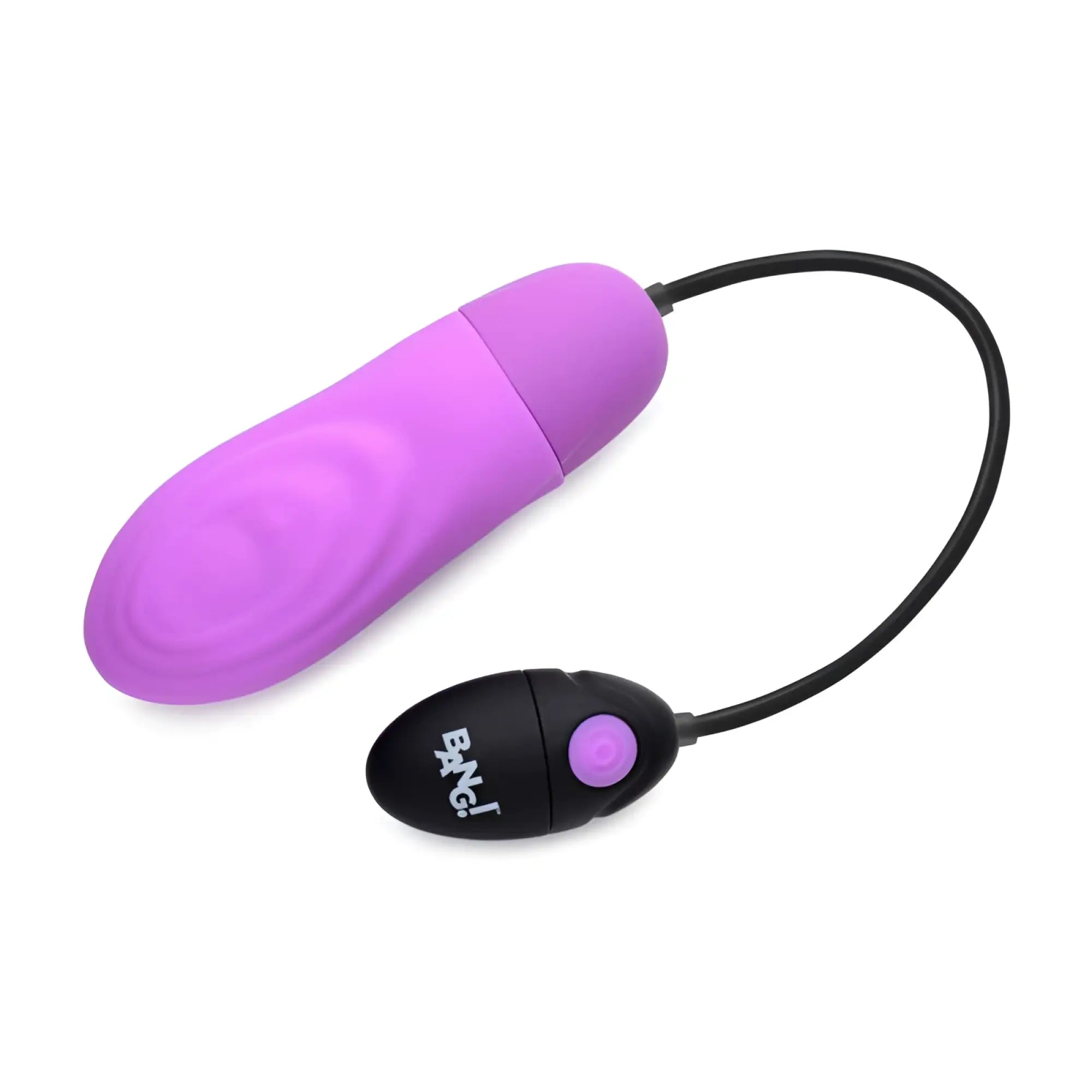 Purple silicone vibrating egg with black remote control featuring purple button and bnc branding from bang 7x pulsing rechargeable bullet purple