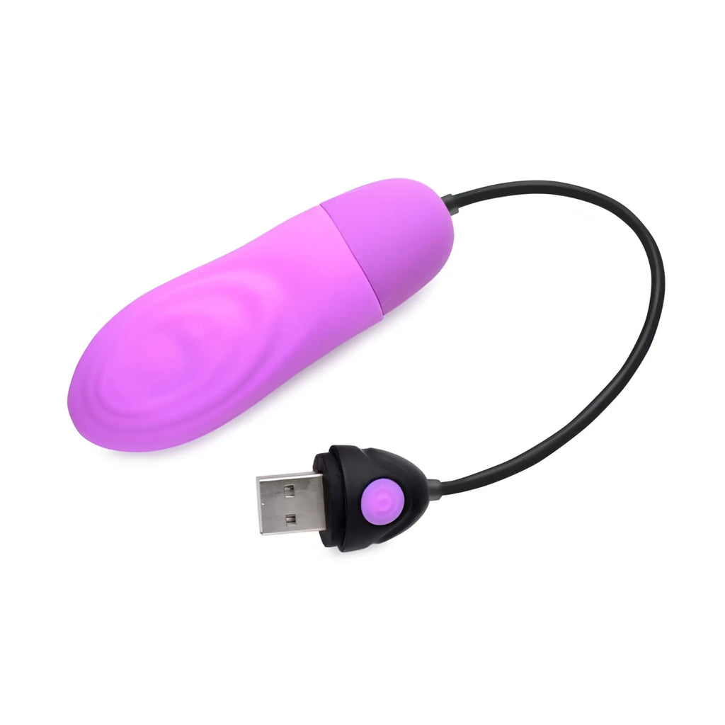 Purple silicone usb-powered bang 7x pulsing rechargeable bullet vibrator with black cord and connector