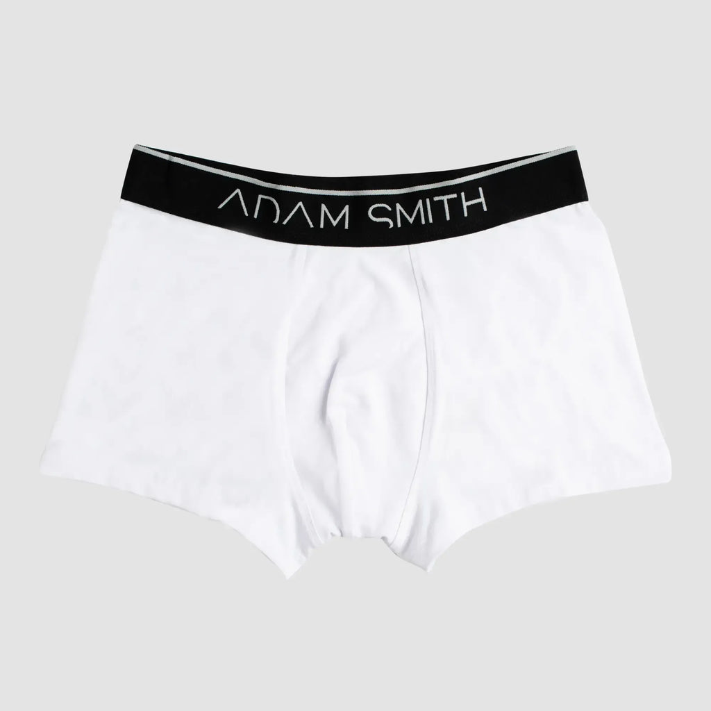 Basic boxer trunks white adam smith boxer briefs with black waistband and silver lettering for comfortable everyday wear