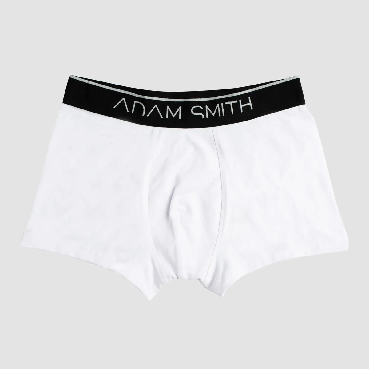 White adam smith boxer briefs with black waistband and silver lettering from basic trunks collection