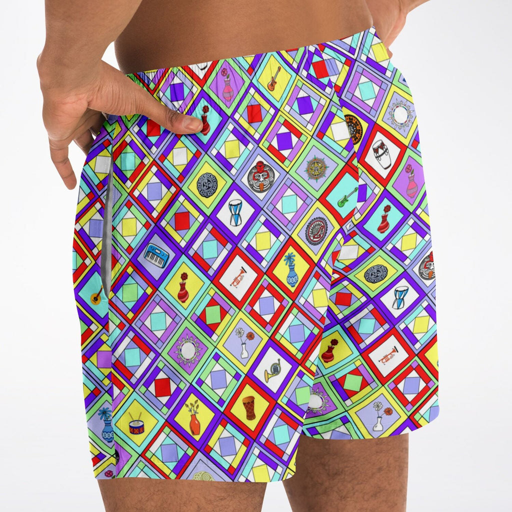 Maris Equi Retro Mod Geometric Diamond Print Swim Trunks for Men