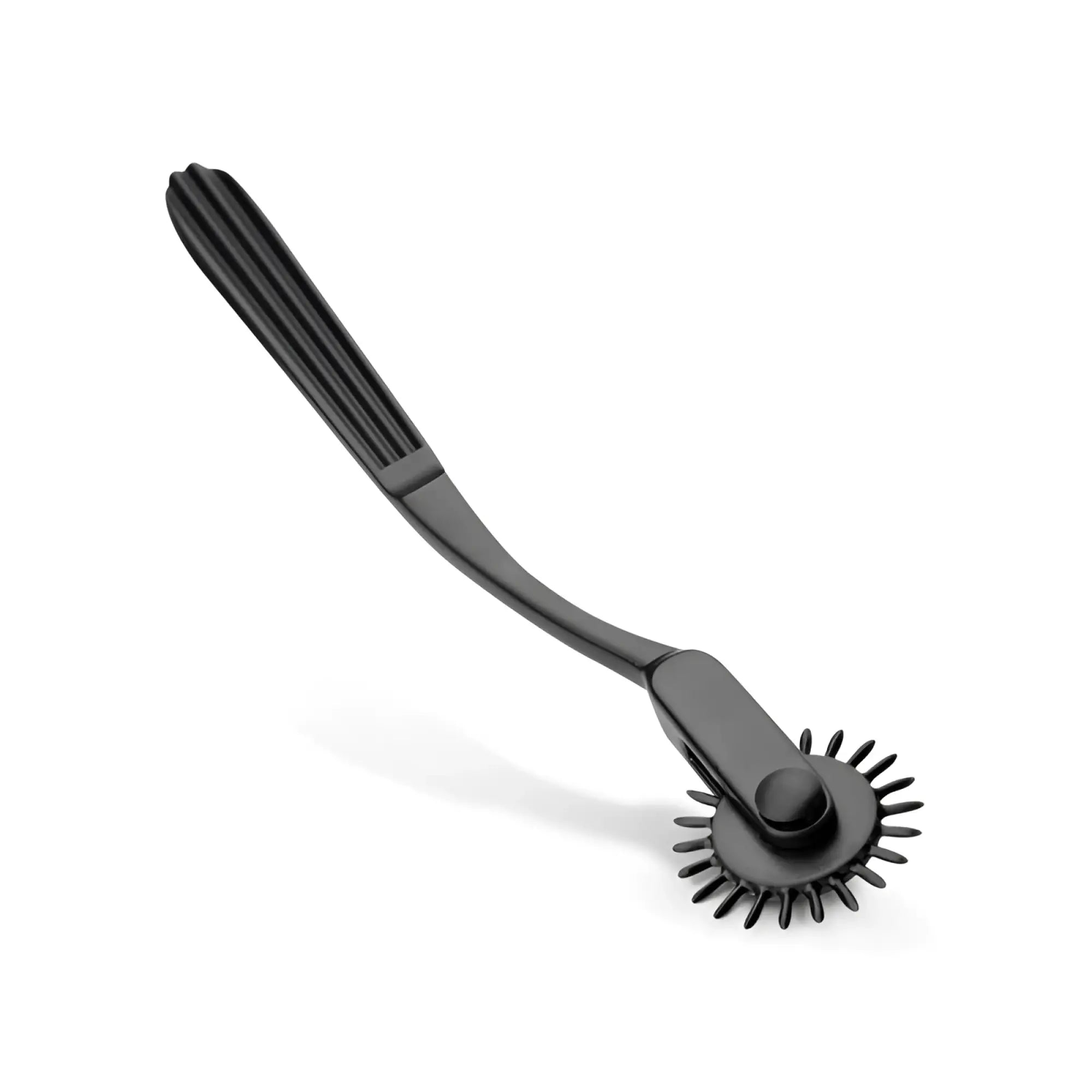 Black metal wheel whip with textured handle and spiked circular head from bedroom fantasies aluminium pinwheel black