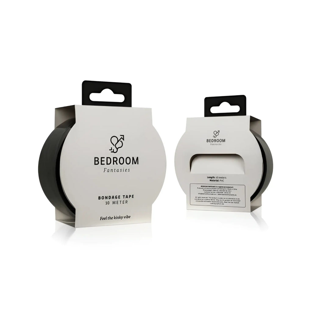 Bedroom fantasies bondage tape 10m black made of stretchy black tape in sleek white cardboard packaging with hanging tab