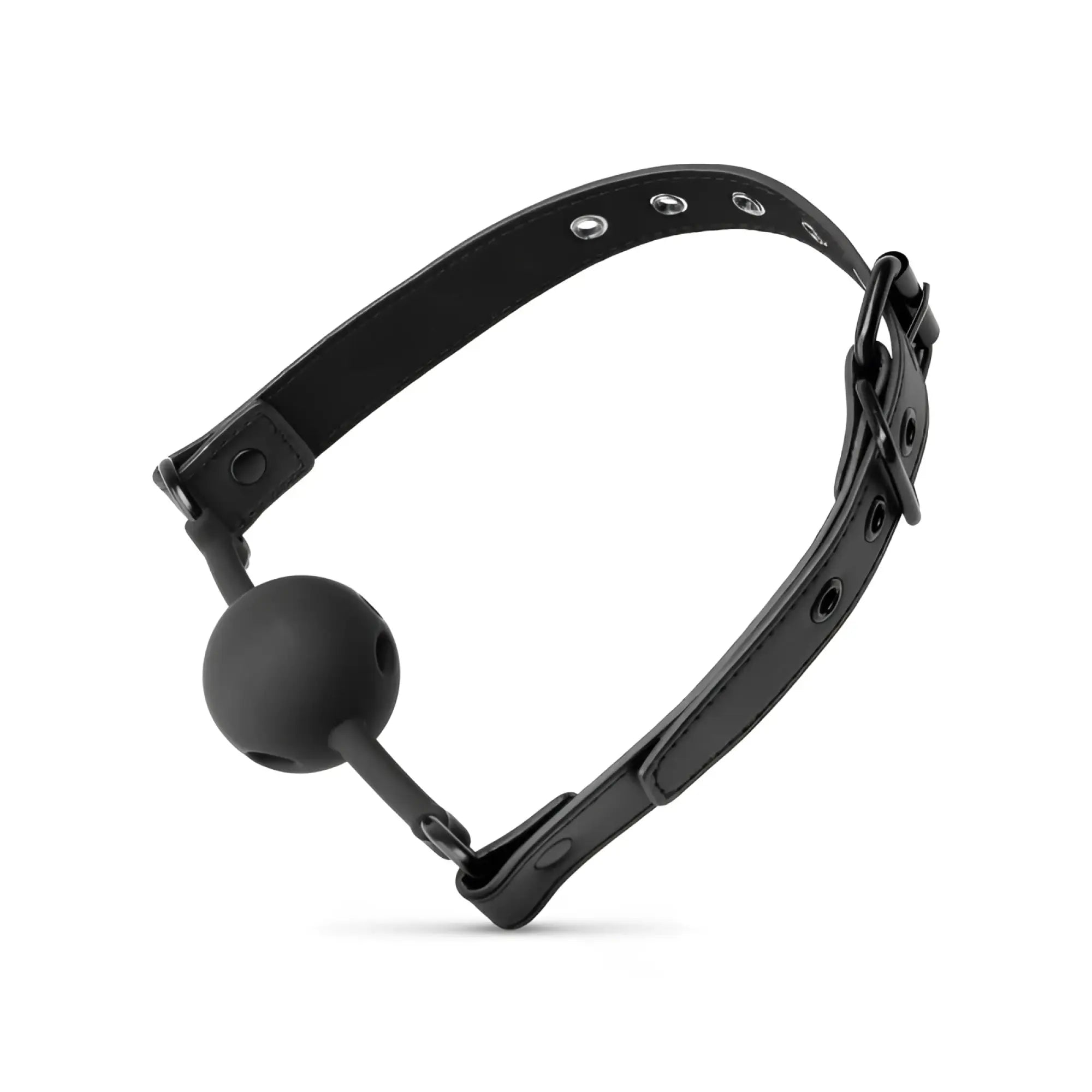 Black leather gag featuring a matte black breathable silicone ball for bedroom fantasies use