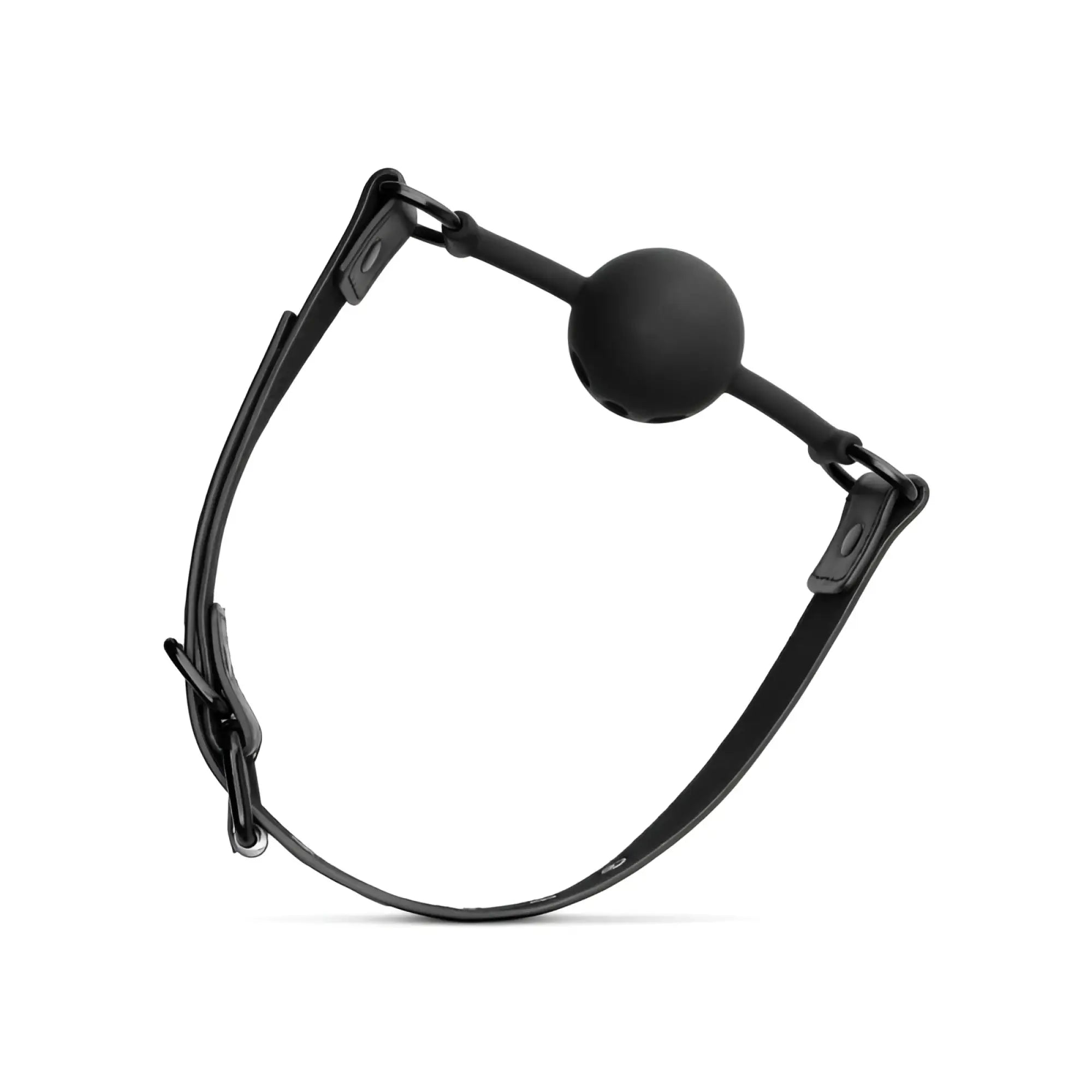 Black leather mouth gag with smooth breathable silicone ball for bedroom fantasies in black color