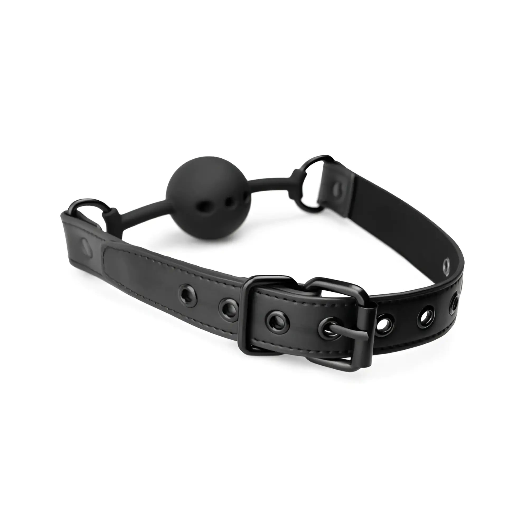 Black leather gag with breathable silicone spherical mouth plug for bedroom fantasies use in black color