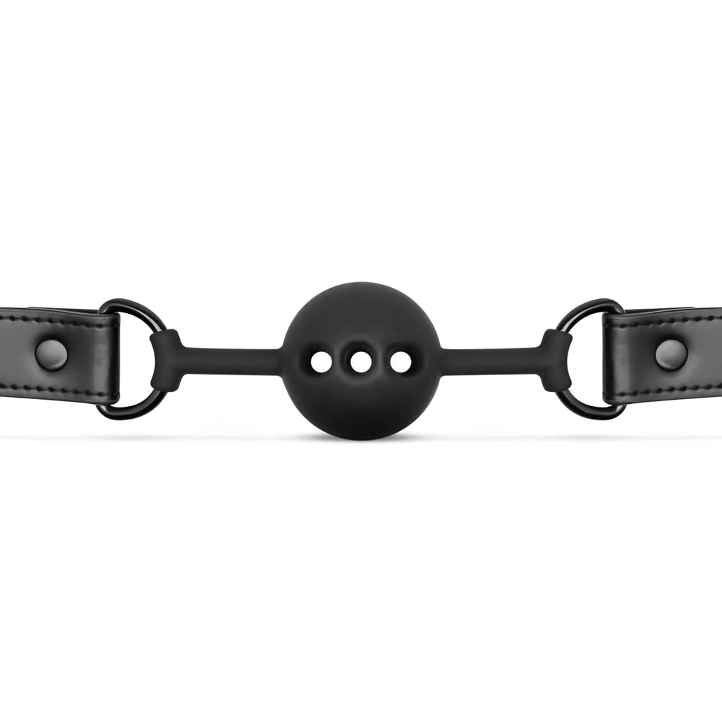 Black breathable silicone ball gag with leather straps and metal rings for bedroom fantasies restraint play
