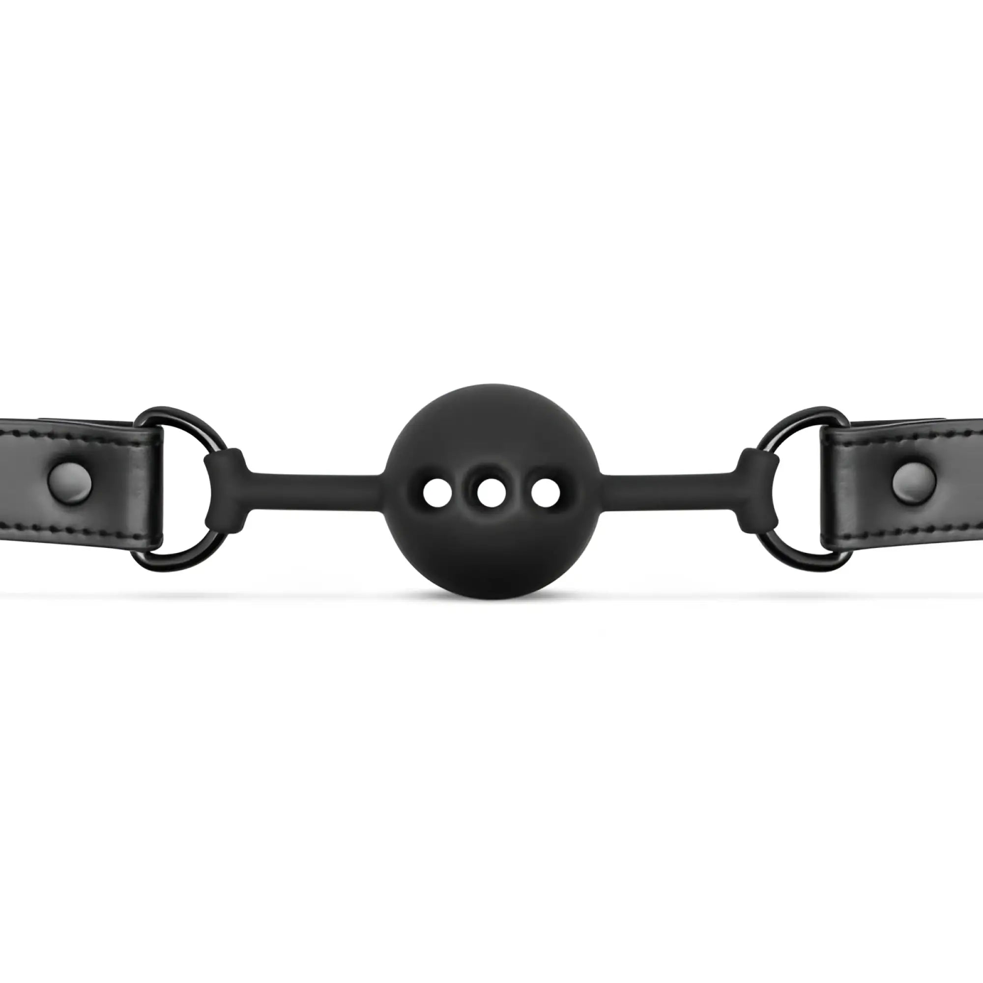 Black breathable silicone ball gag with leather straps and metal rings for bedroom fantasies restraint play