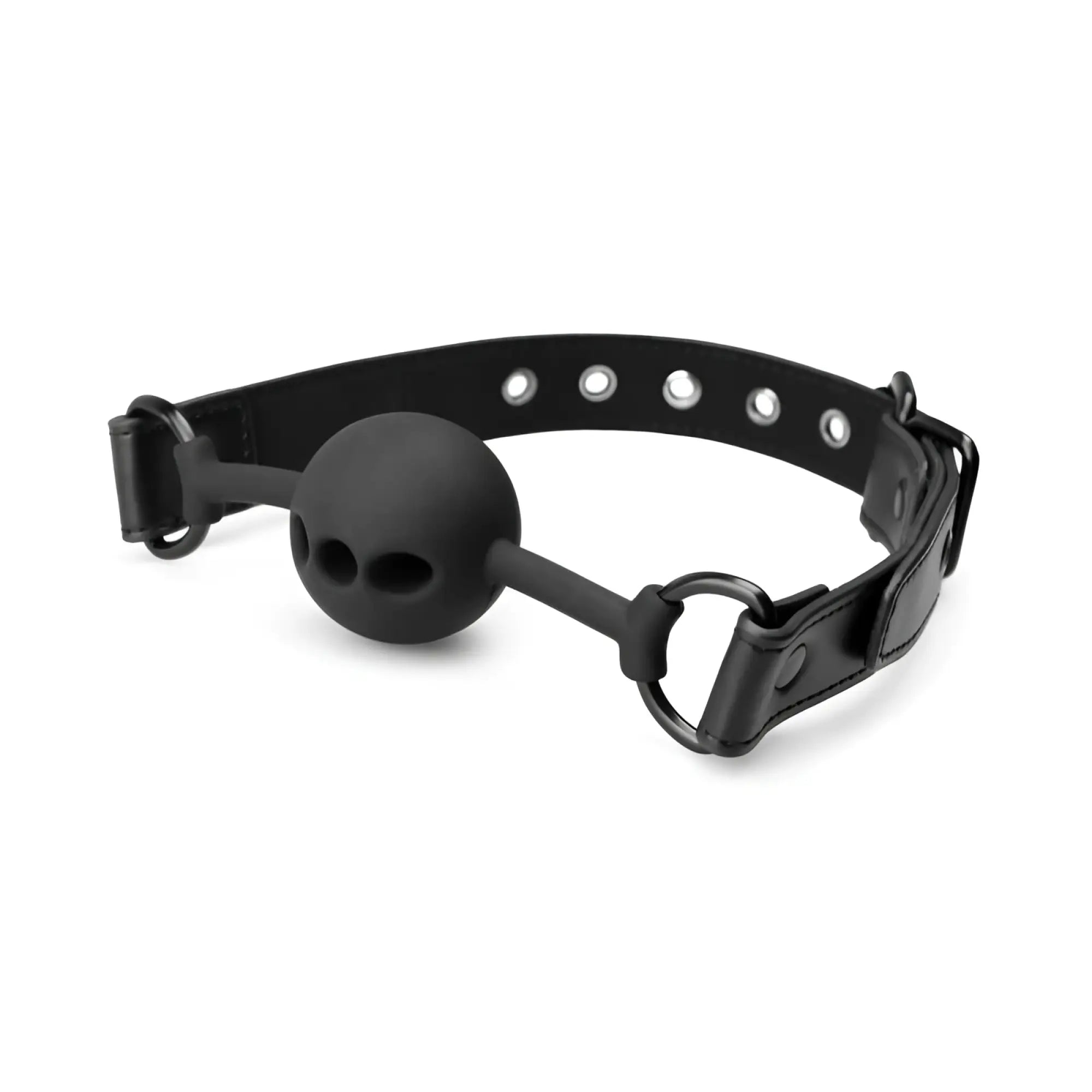 Bedroom Fantasies black breathable silicone ball gag with skull-shaped ball and adjustable leather strap