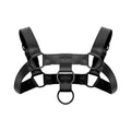 Black leather bondage harness with metal rings and studs from bedroom fantasies bruno collection