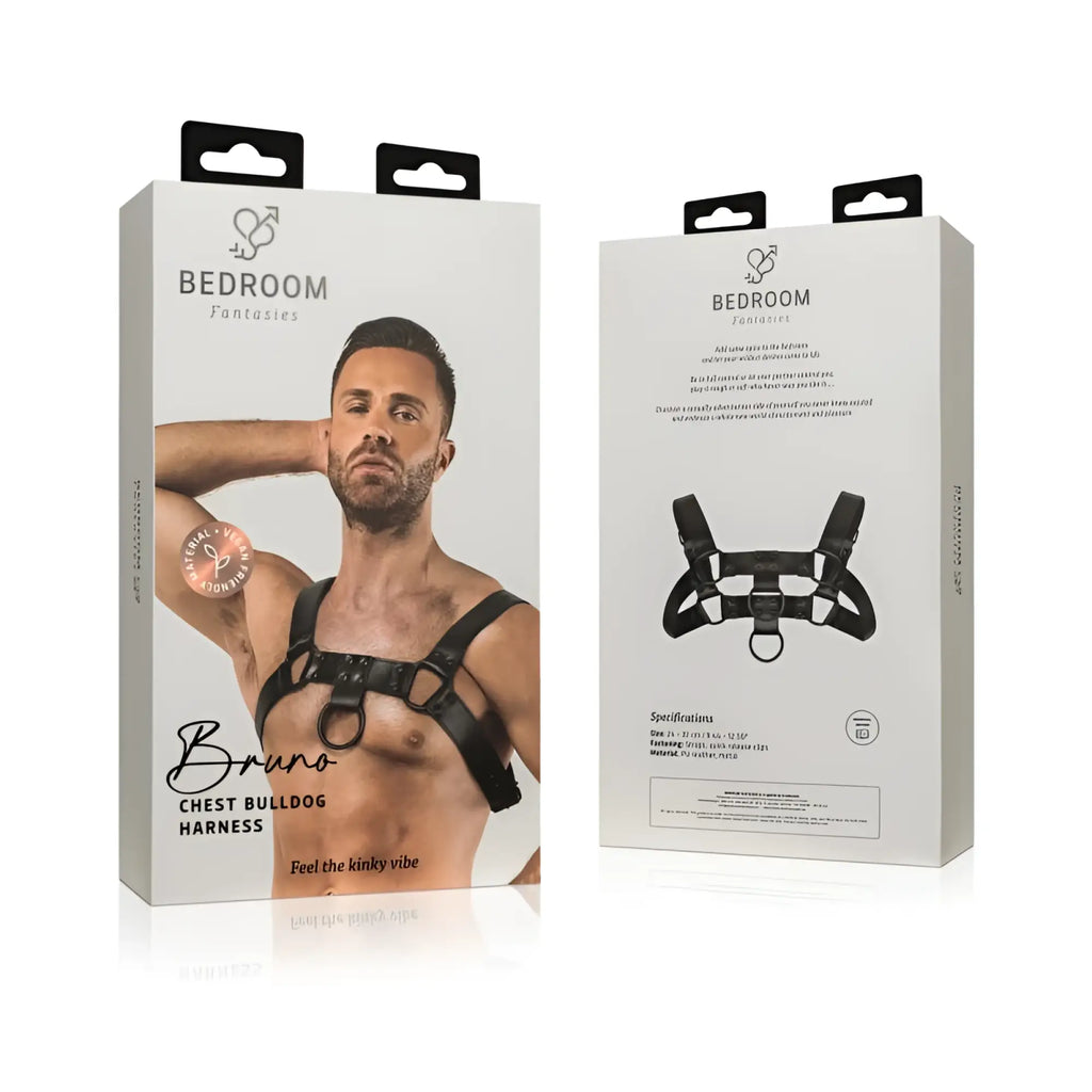 Black leather bedroom fantasies bruno bondage bulldog chest harness with adjustable straps and metal hardware