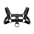 Black leather bondage harness with metal rings and studs from bedroom fantasies bruno collection
