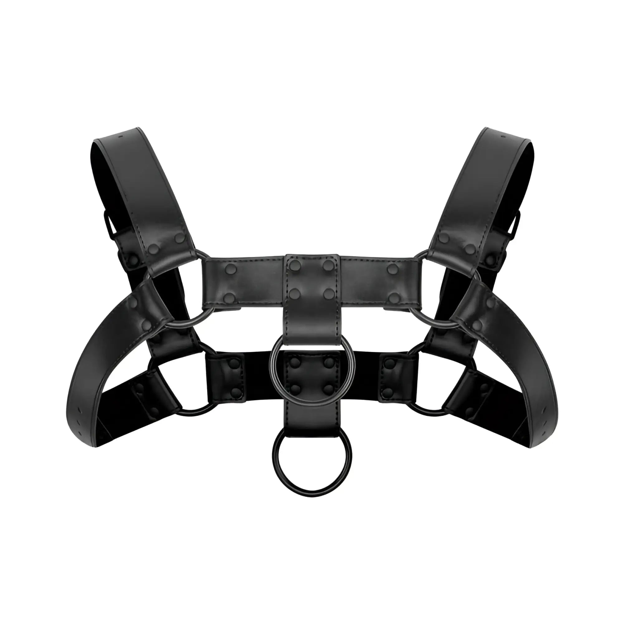 Black leather bondage harness with metal rings and studs from bedroom fantasies bruno collection