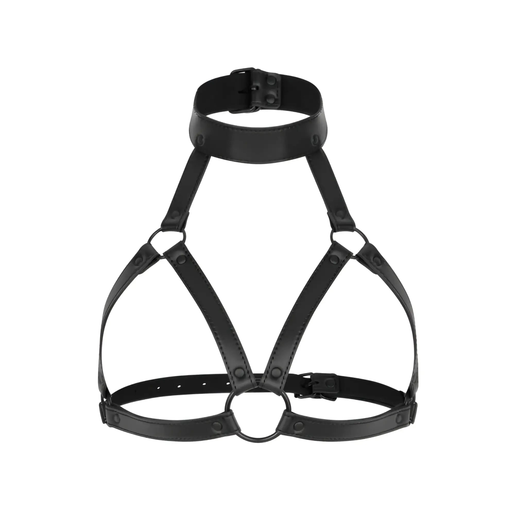 Black leather bedroom fantasies chiara bondage harness with adjustable straps and metal rings