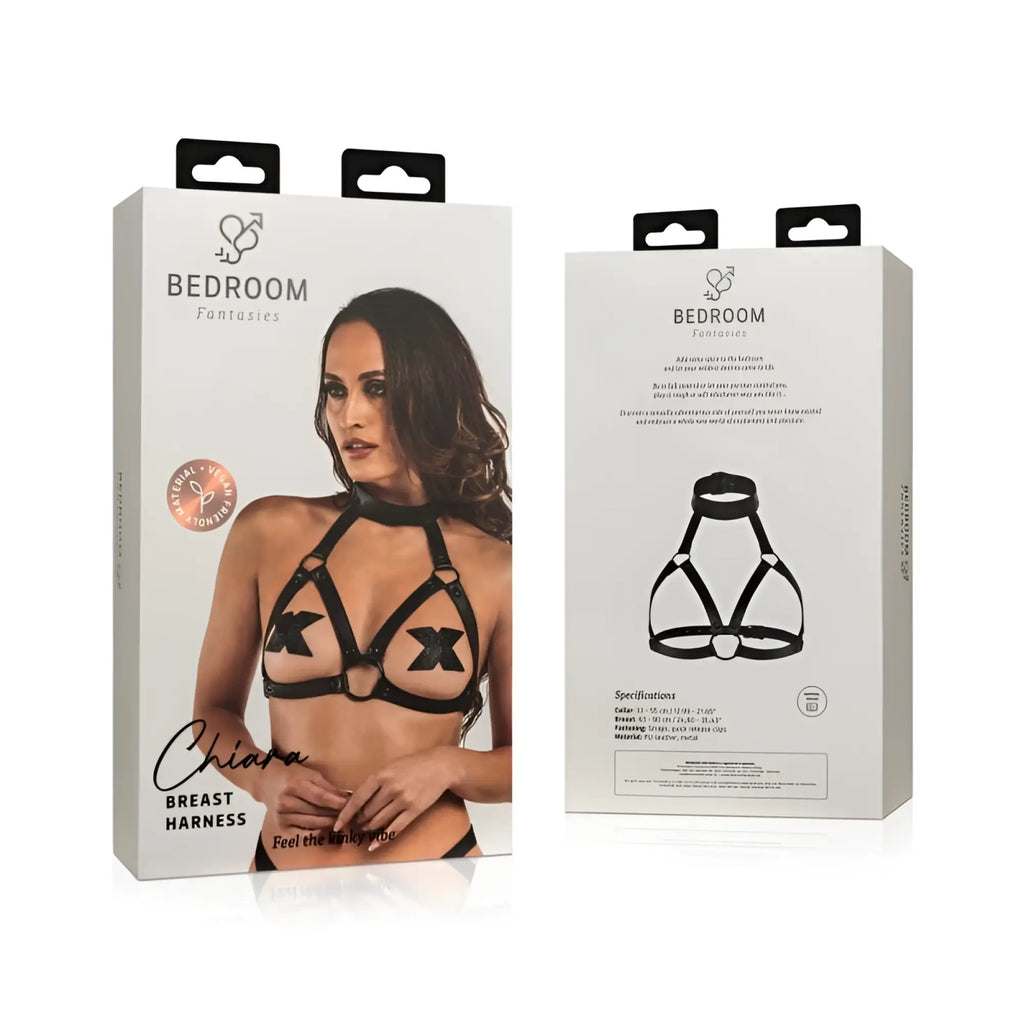 Black leather chiara bondage breast harness from bedroom fantasies designed for intimate bedroom use