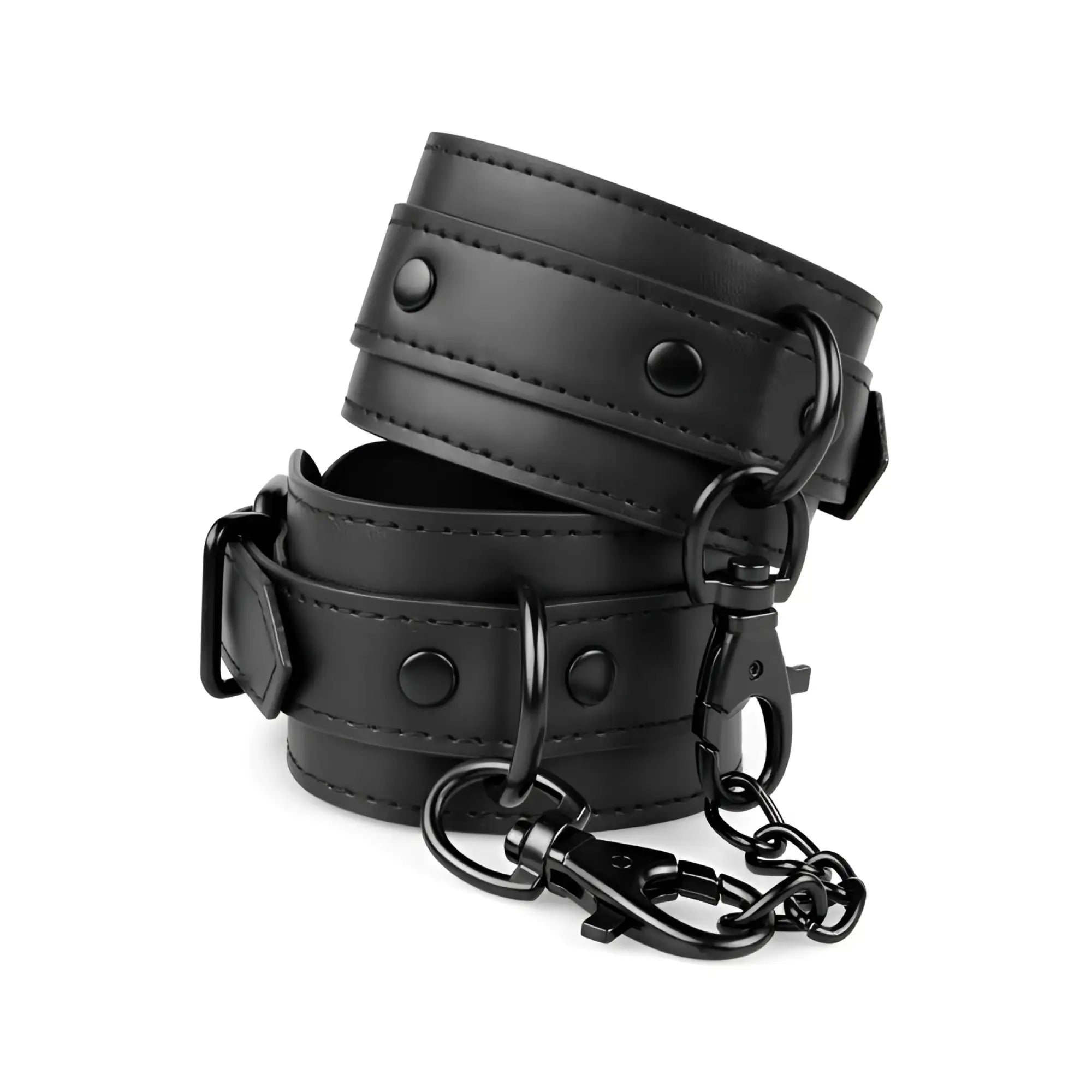 Black faux leather bedroom fantasies ankle cuffs with metal hardware and chain for secure restraint play