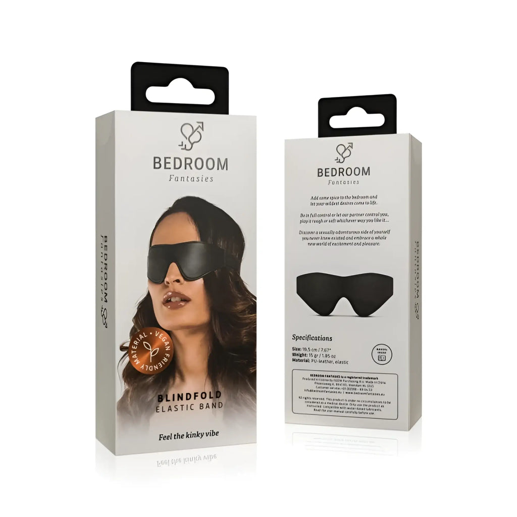 Bedroom fantasies faux leather blindfold black in white packaging with elastic band for sensory play