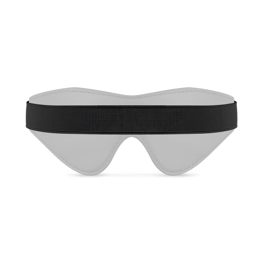 Black faux leather blindfold with black elastic strap and gray padded eye cover for bedroom fantasies use