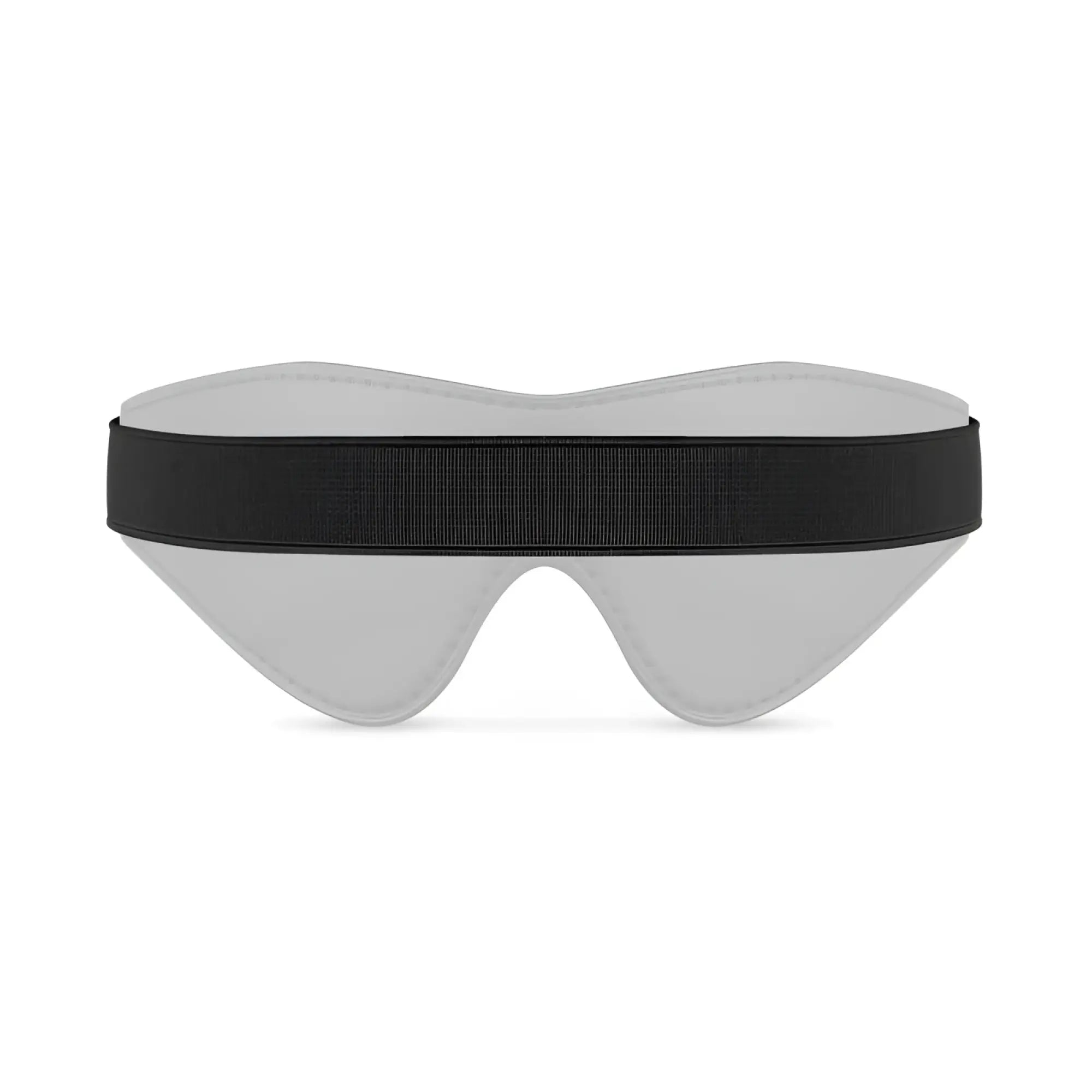 Black faux leather blindfold with black elastic strap and gray padded eye cover for bedroom fantasies use