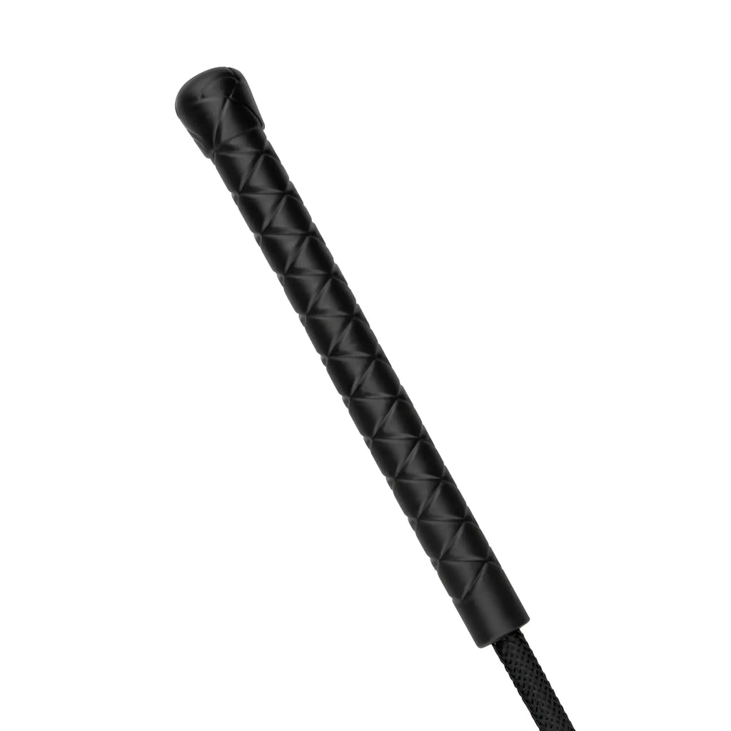 Bedroom Fantasies faux leather crop whip black with quilted leather, diamond-textured grip, and braided cord handle