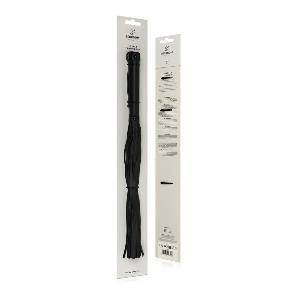 Bedroom Fantasies faux leather flogger black with sleek matte handle and soft flexible leather straps