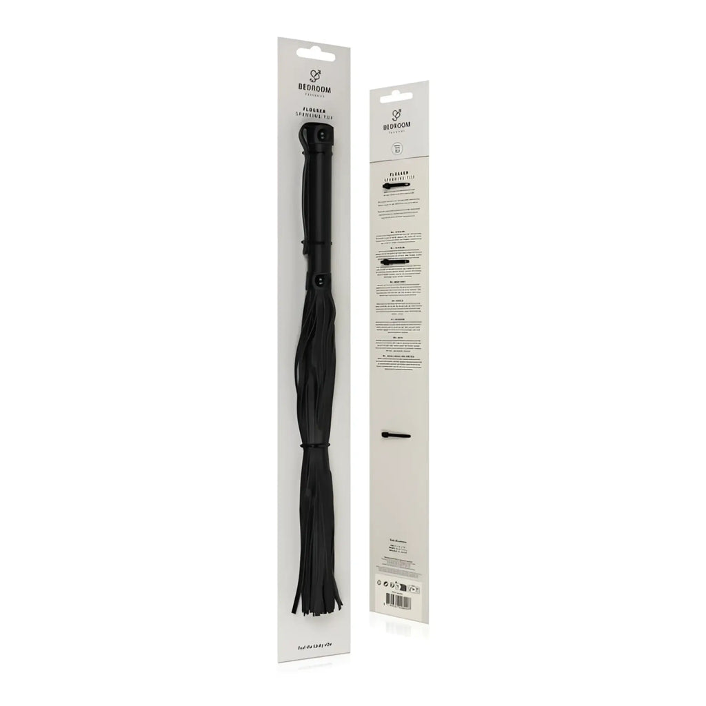 Bedroom Fantasies faux leather flogger black with sleek matte handle and soft flexible leather straps