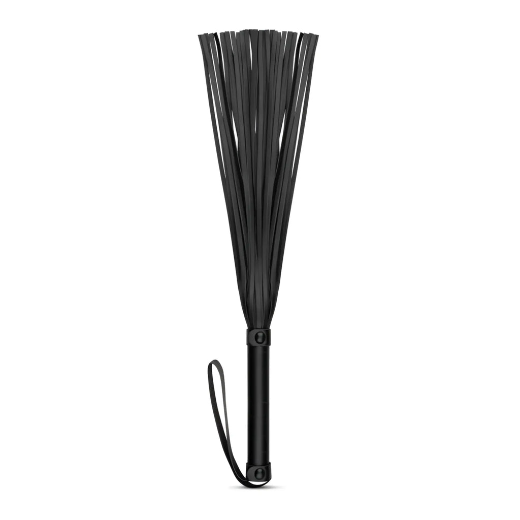 Bedroom Fantasies black faux leather flogger with sleek cylindrical handle and attached wrist strap for bedroom use