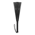 Bedroom Fantasies black faux leather flogger with sleek cylindrical handle and attached wrist strap for bedroom use