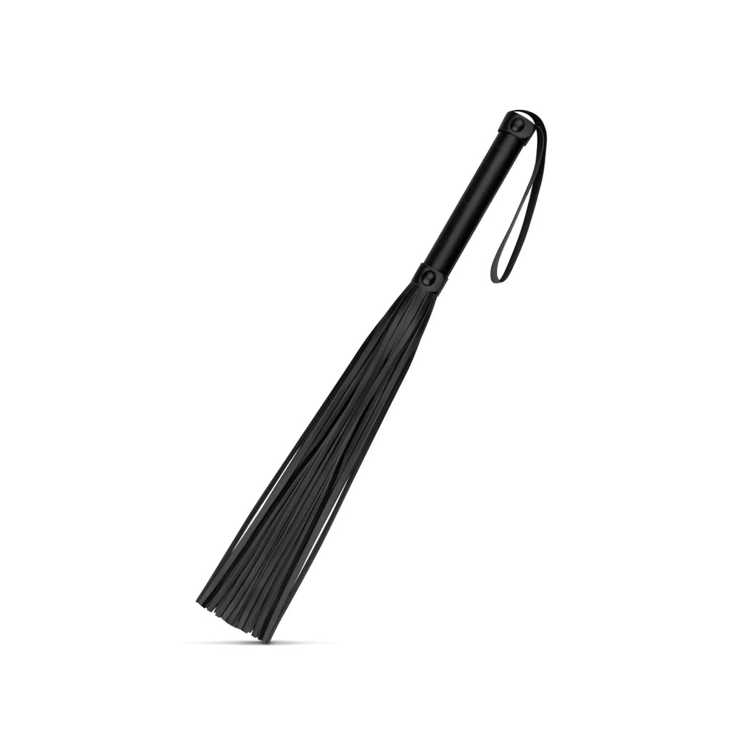 Bedroom Fantasies faux leather flogger black with sleek handle wrist strap and soft black leather tails for bedroom play