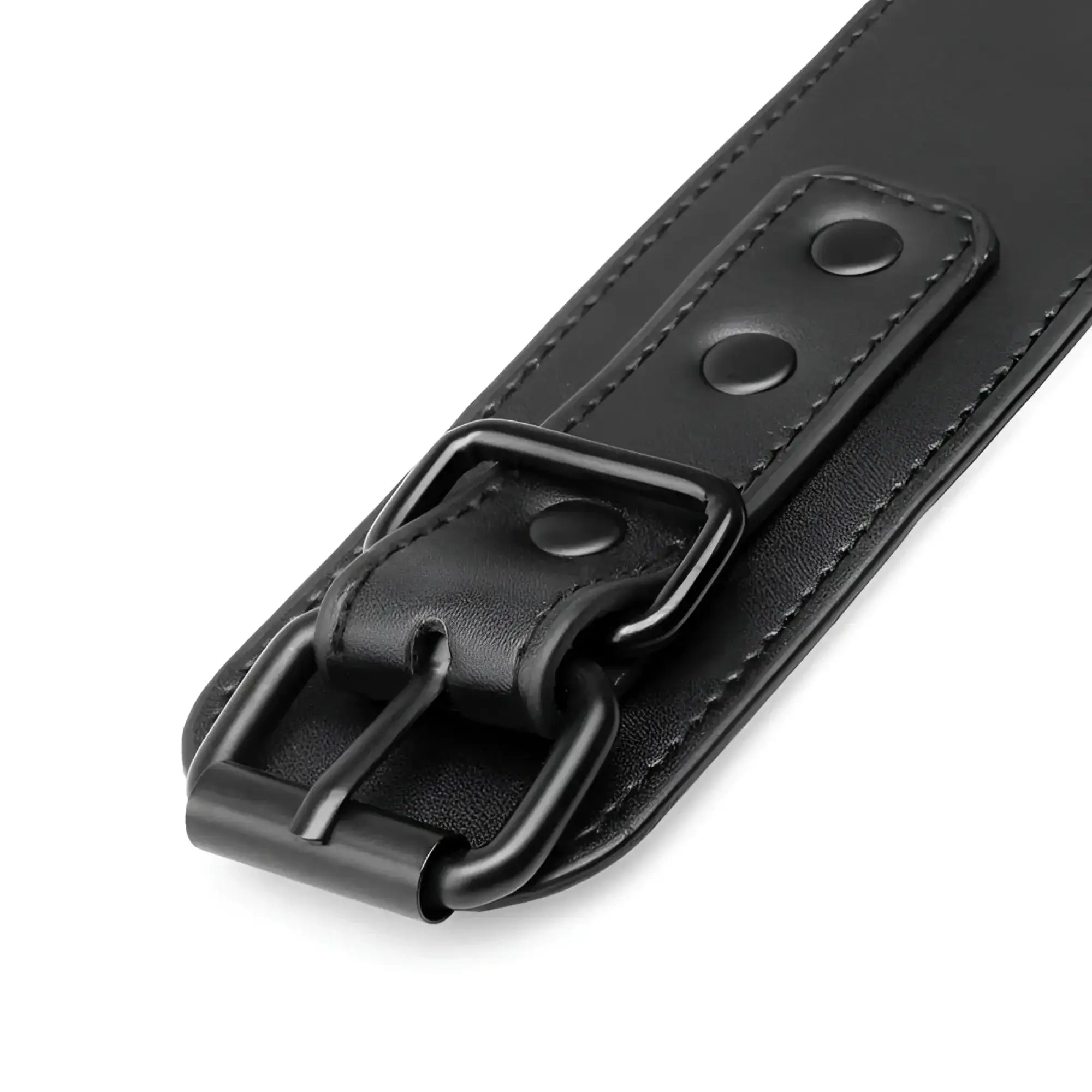 Bedroom fantasies faux leather handcuffs black with black leather belt, matte metal buckle, and reinforced stitching