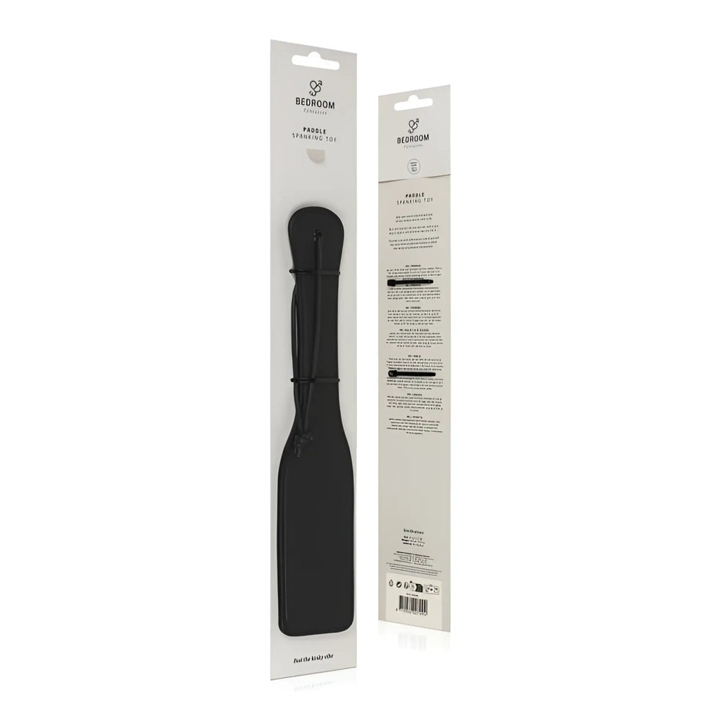 Bedroom fantasies faux leather paddle black black silicone spanking toy in branded packaging for intimate play