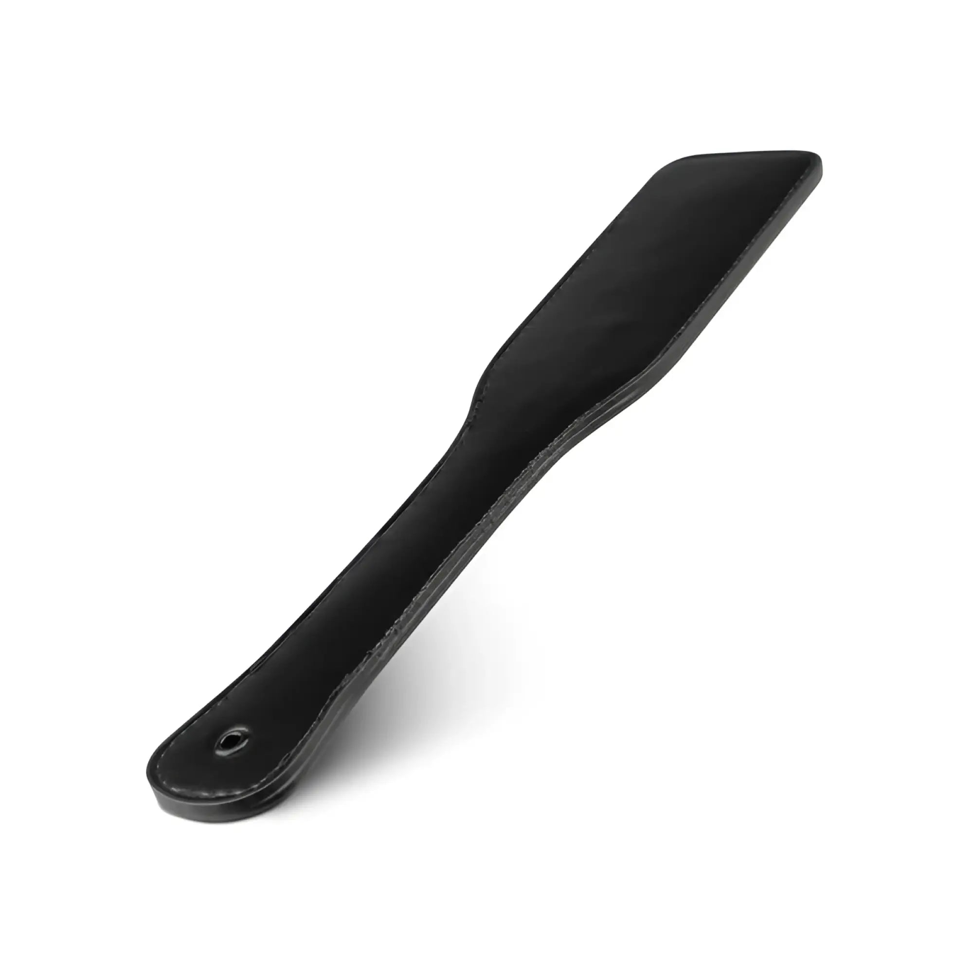 Black leather paddle with smooth slightly curved surface and stitched edges from bedroom fantasies faux leather paddle black