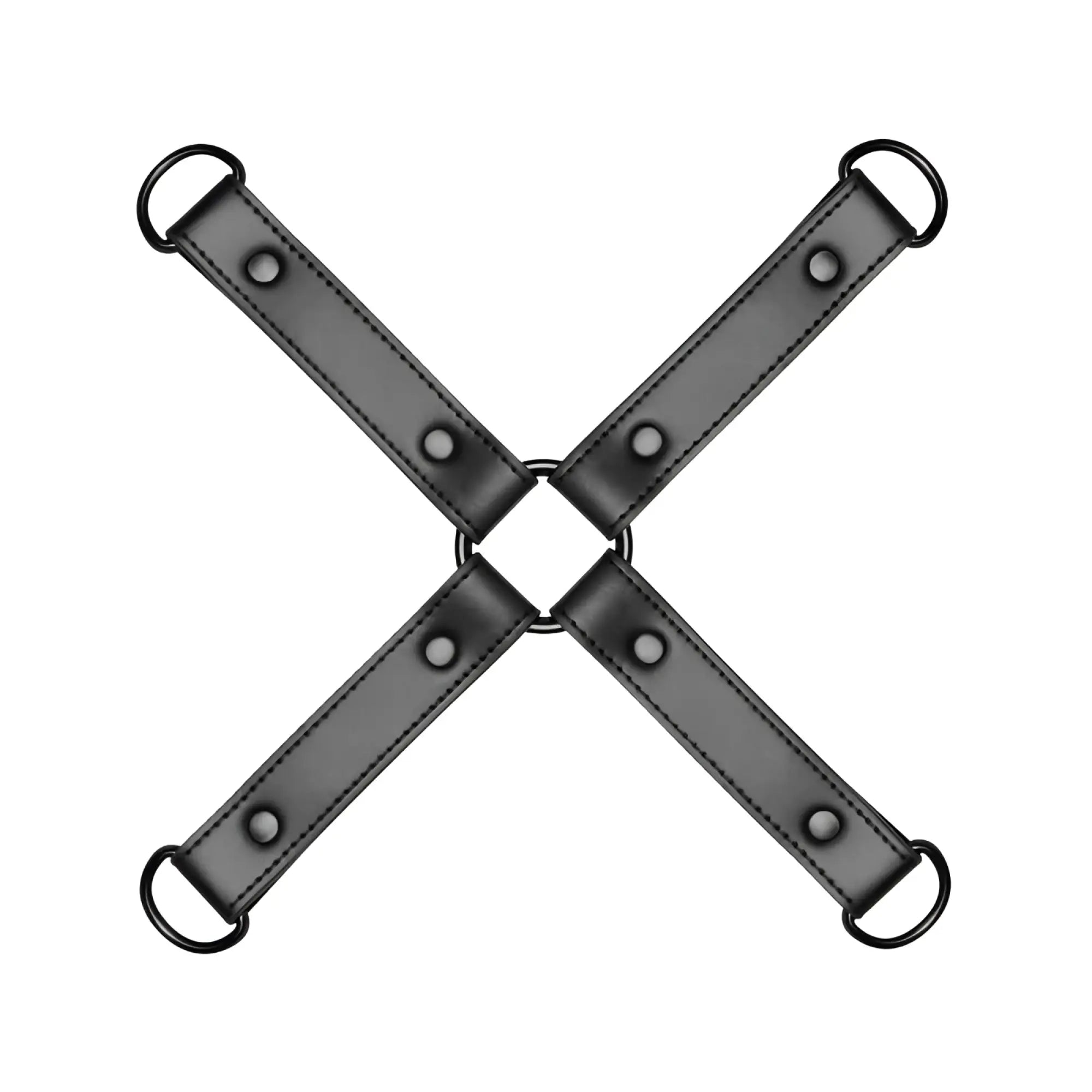 Black leather x-shaped restraint strap with metal d-rings and rivets for bedroom fantasies hog tie black restraint set