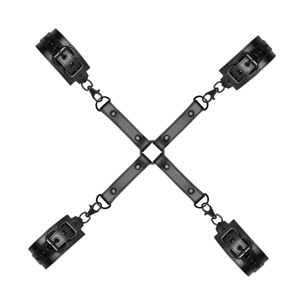 Black leather x-shaped wrist restraints with metal buckles and chains for bedroom fantasies hog tie black
