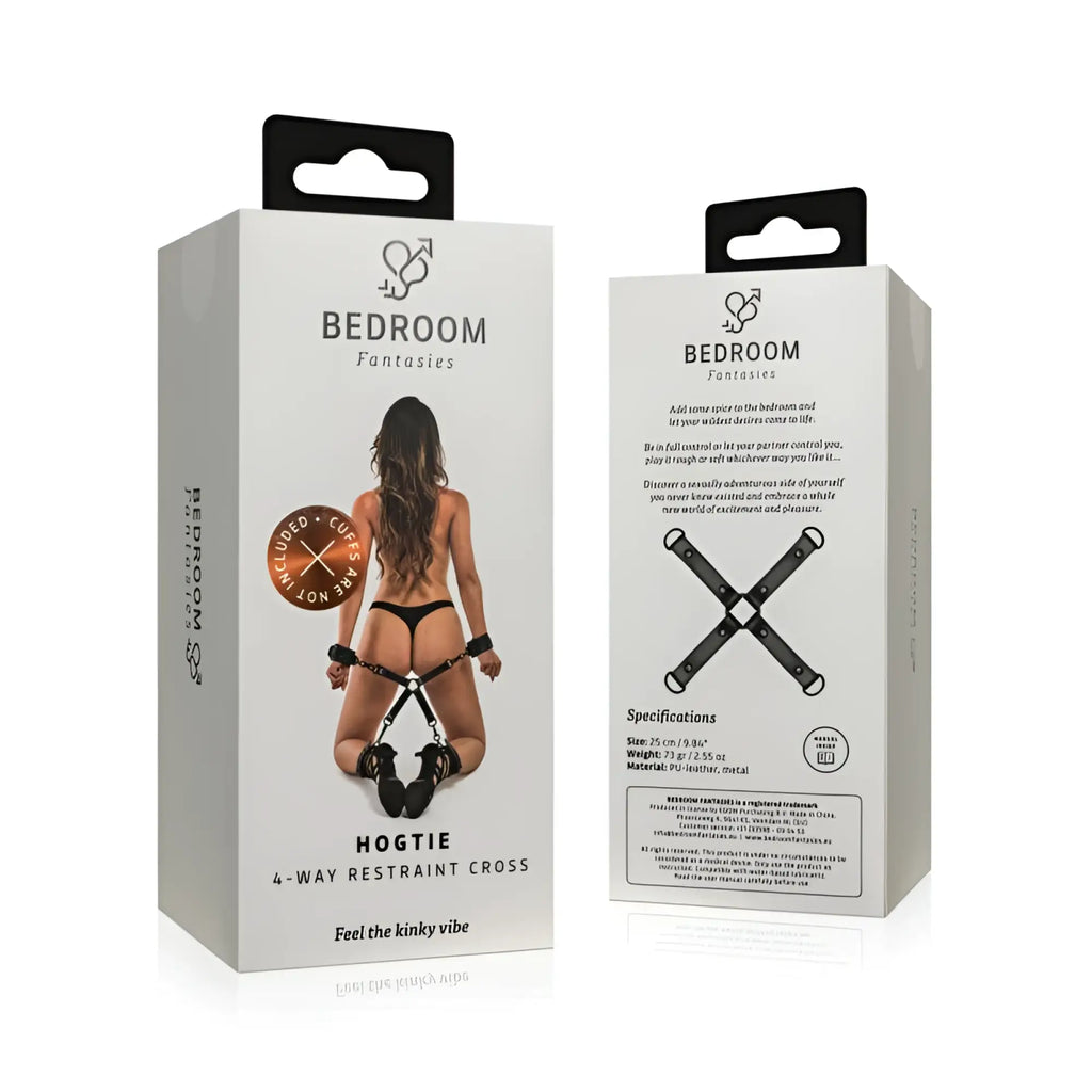 White cardboard box for bedroom fantasies hog tie black 4-way restraint cross with black branding and product imagery