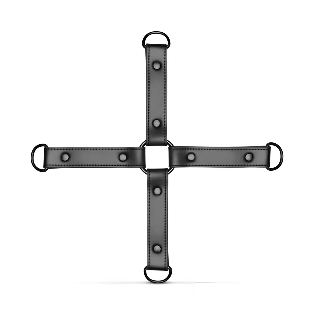 Black leather bedroom fantasies hogtie cross-shaped restraint with metal d-rings and rivets for hands and ankles