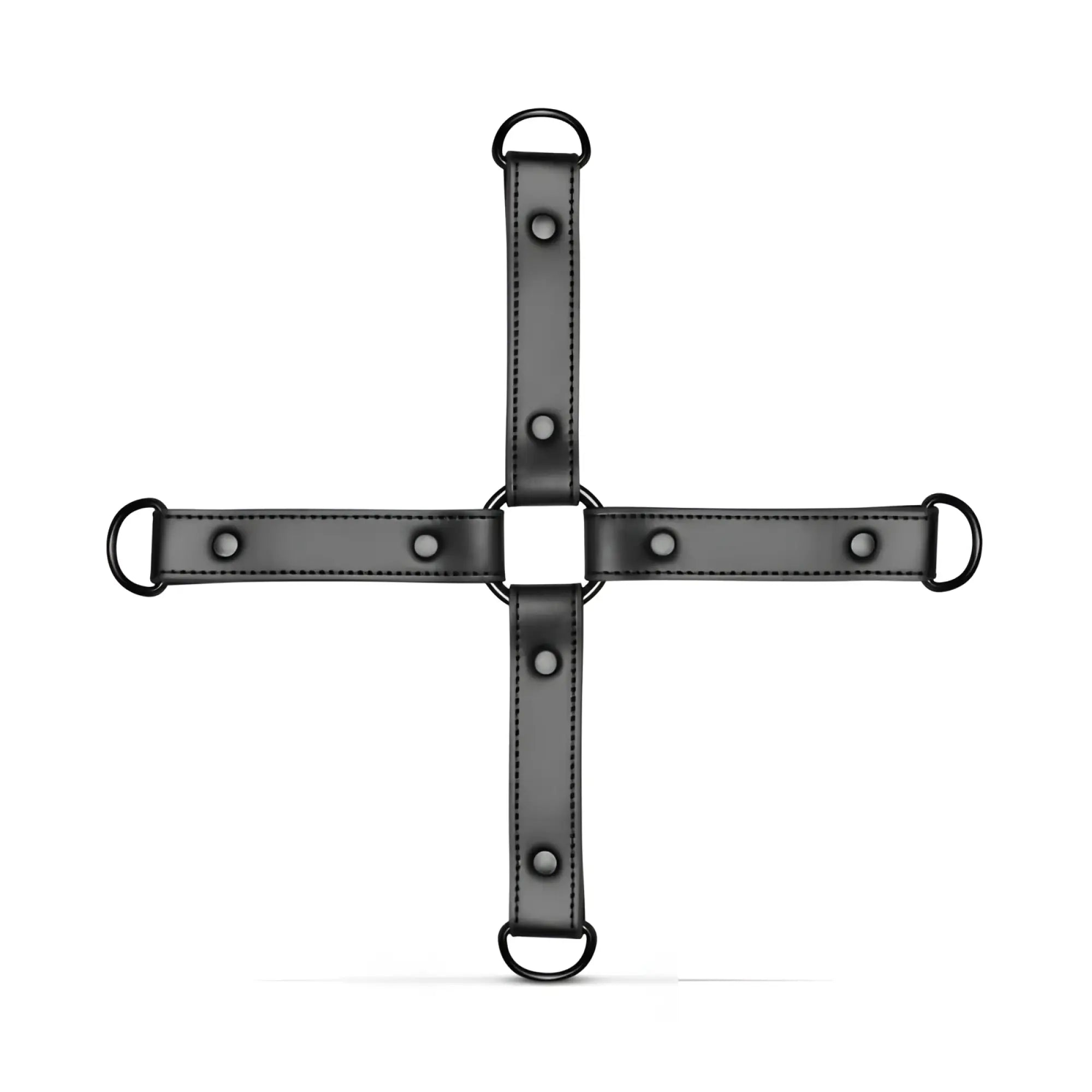 Black leather bedroom fantasies hogtie cross-shaped restraint with metal d-rings and rivets for hands and ankles