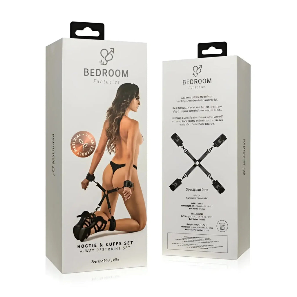 Bedroom fantasies black leather hogtie and cuffs restraint set with hand and ankle cuffs in a white box