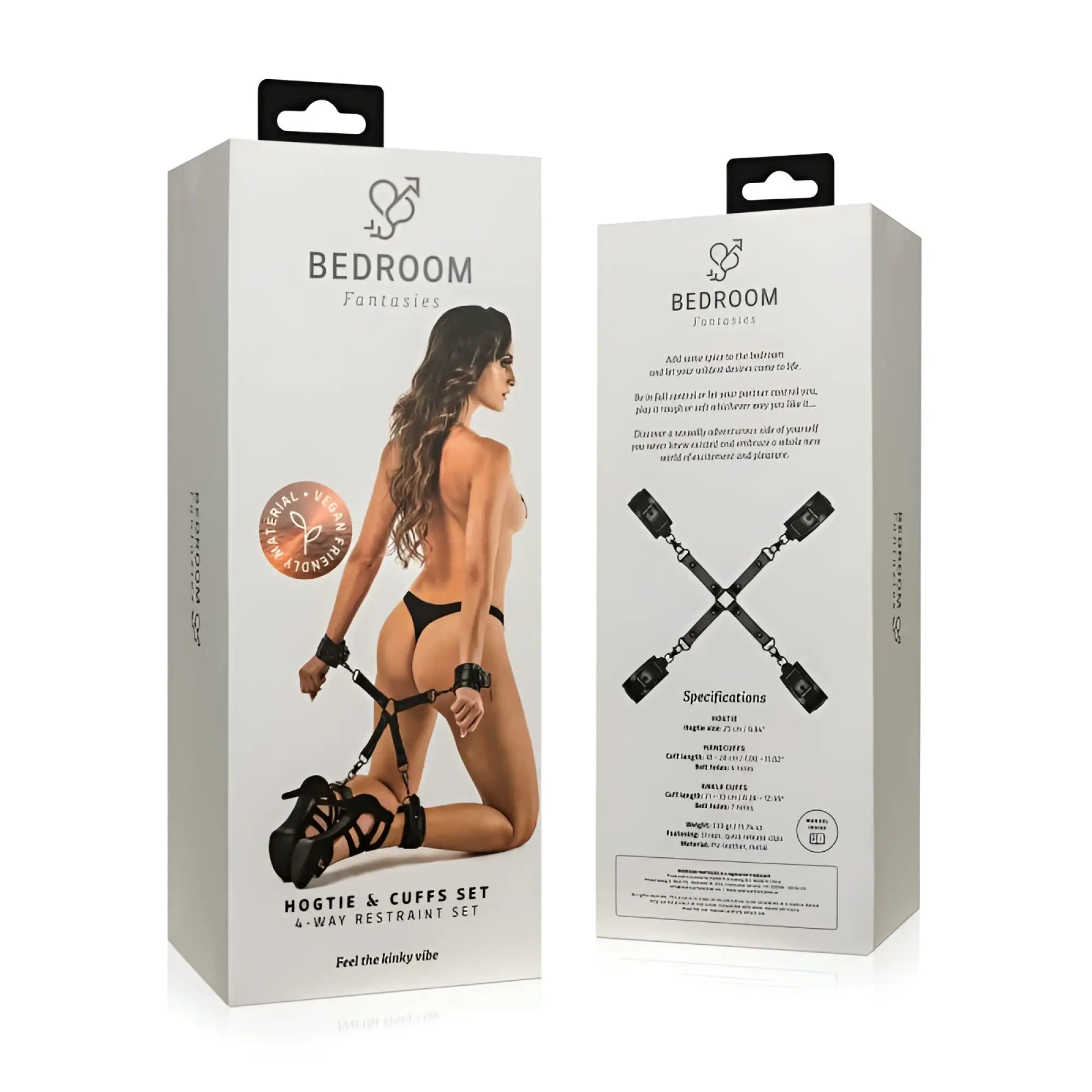 Bedroom fantasies black leather hogtie and cuffs restraint set with hand and ankle cuffs in a white box