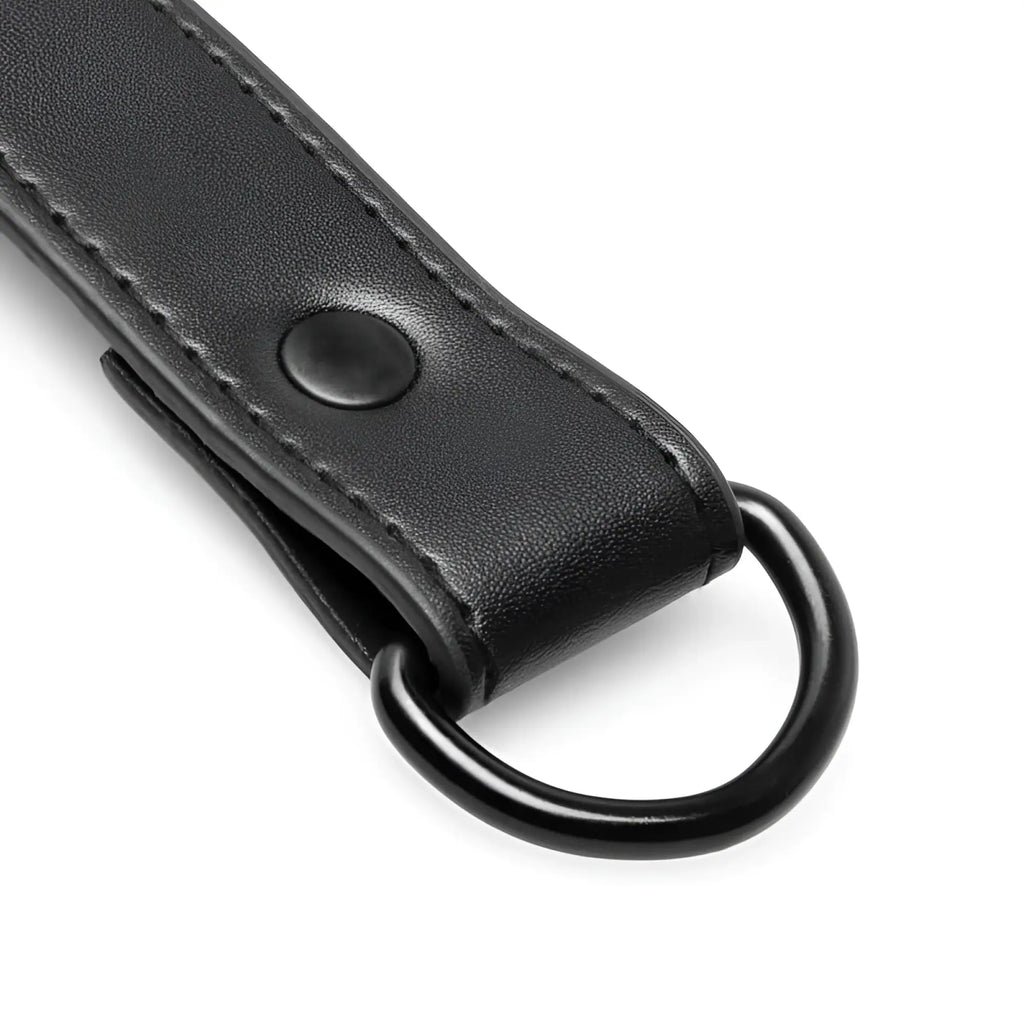 Bedroom fantasies hogtie black leather strap with metal d-ring and stitched edges for hand and ankle cuffs