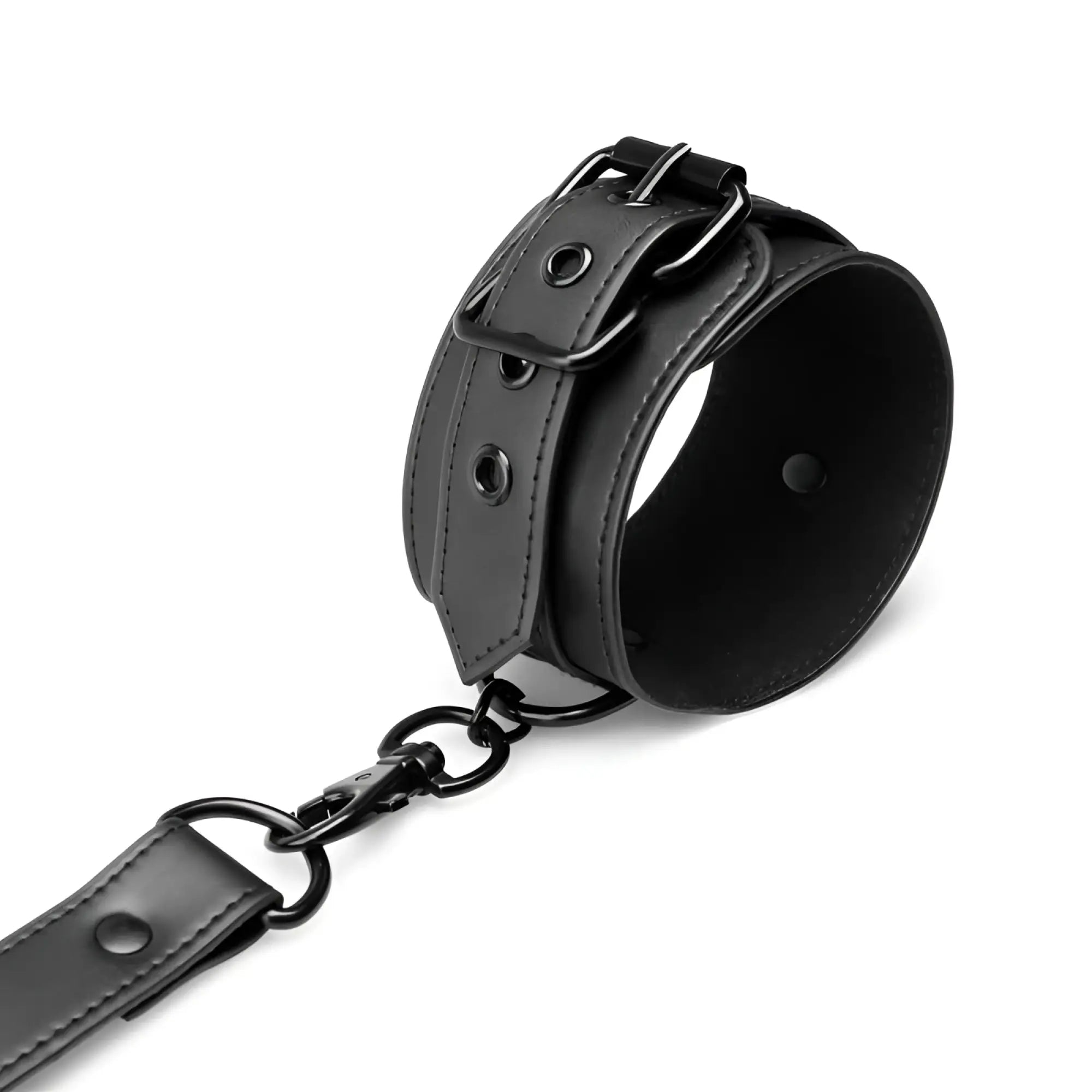 Black leather bedroom fantasies hogtie wrist cuff with chain and metal buckle for hand and ankle restraint