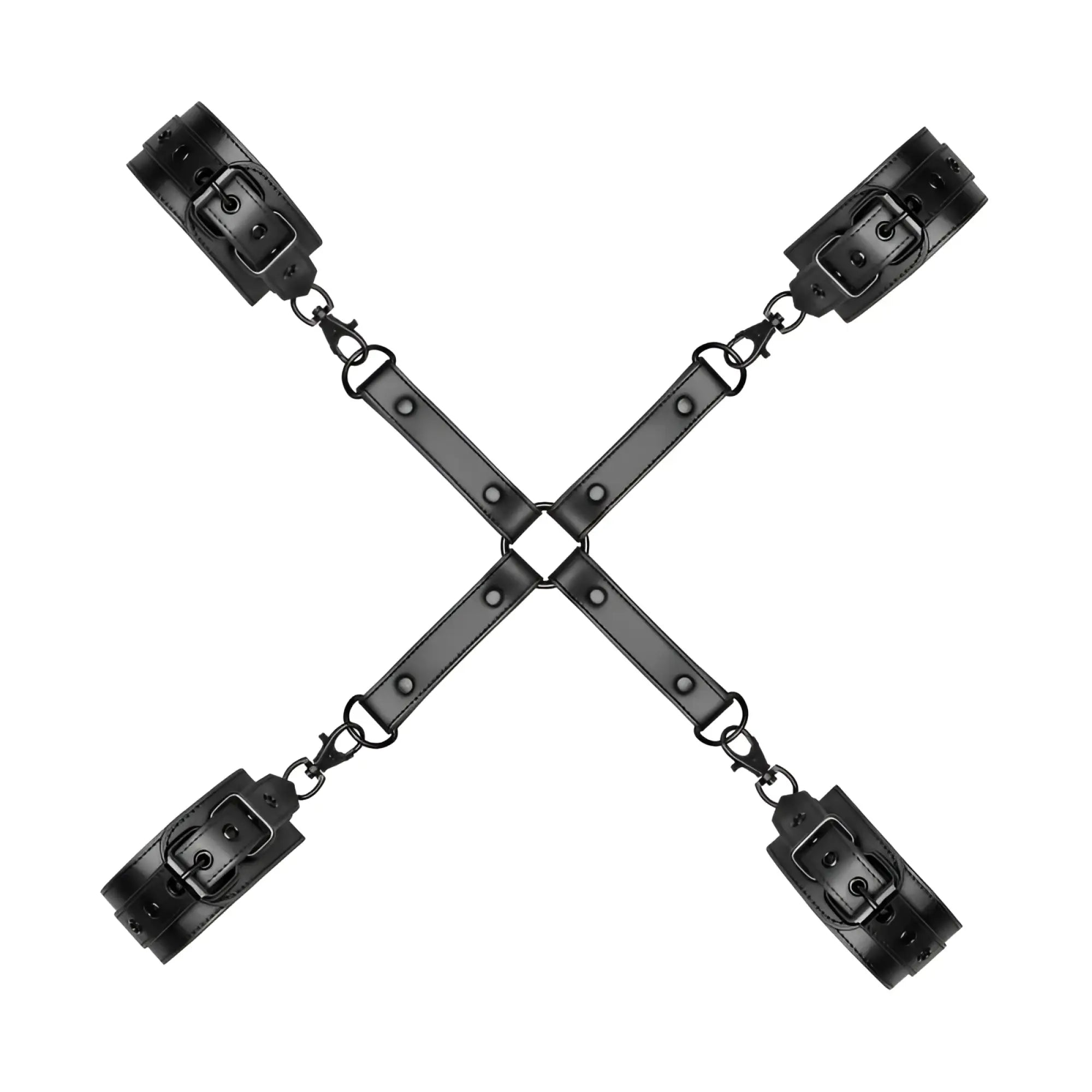 Black leather x-shaped wrist restraints with metal buckles and chains for bedroom fantasies hogtie with hand and ankle cuffs
