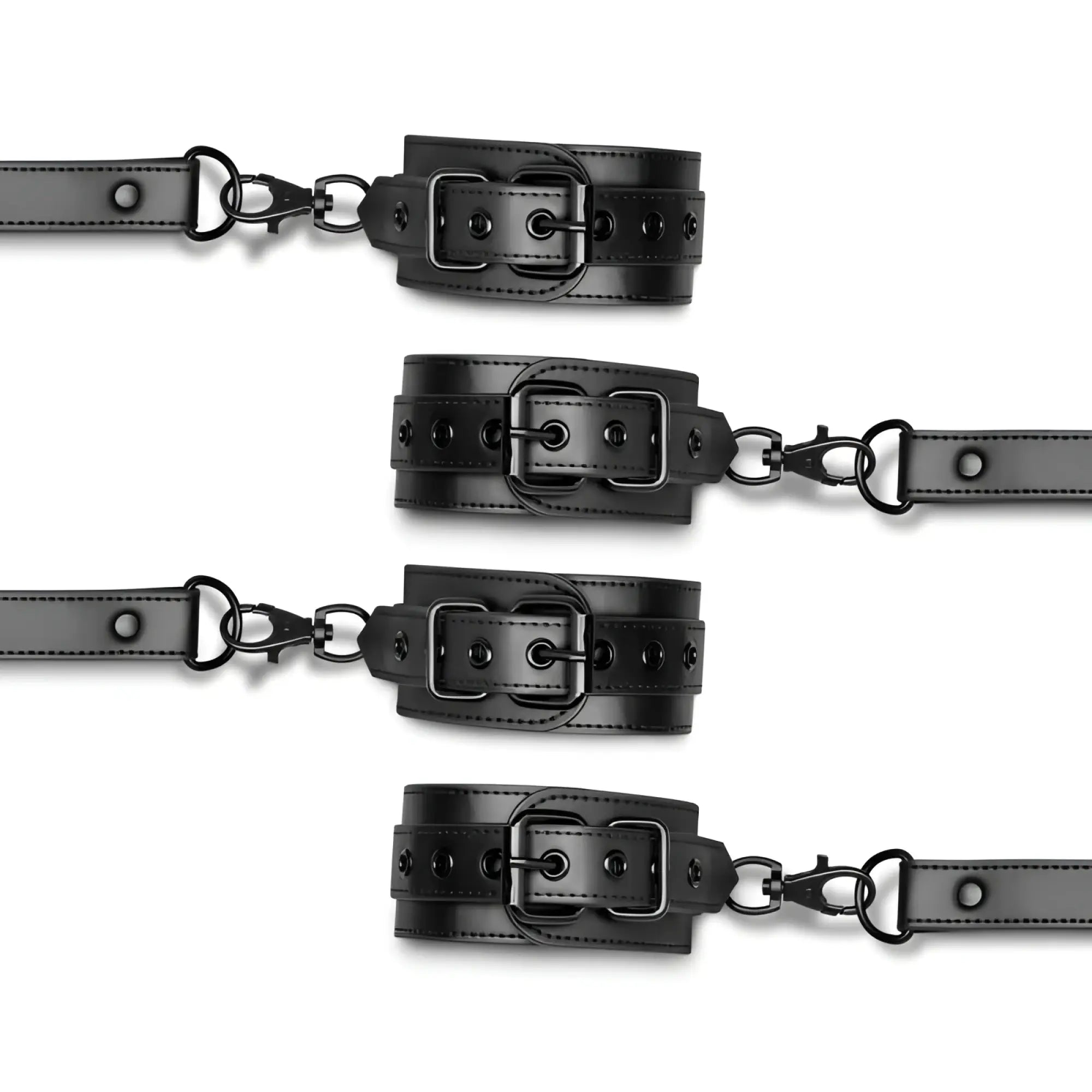 Set of four black leather bedroom fantasies hogtie wrist and ankle cuffs with metal buckles and attached chains