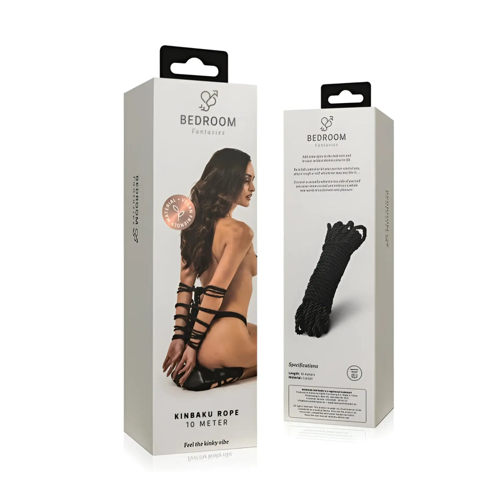 Black kinbaku cotton bondage rope 10 meters long packaged in sleek white box with bedroom fantasies logo