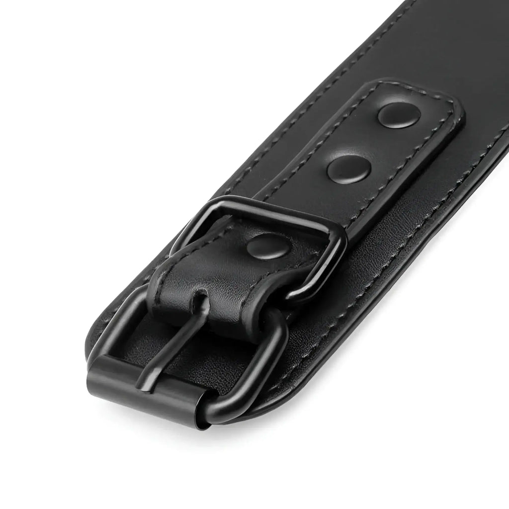 Black leather belt with matte-finish metal buckle and reinforced stitching.