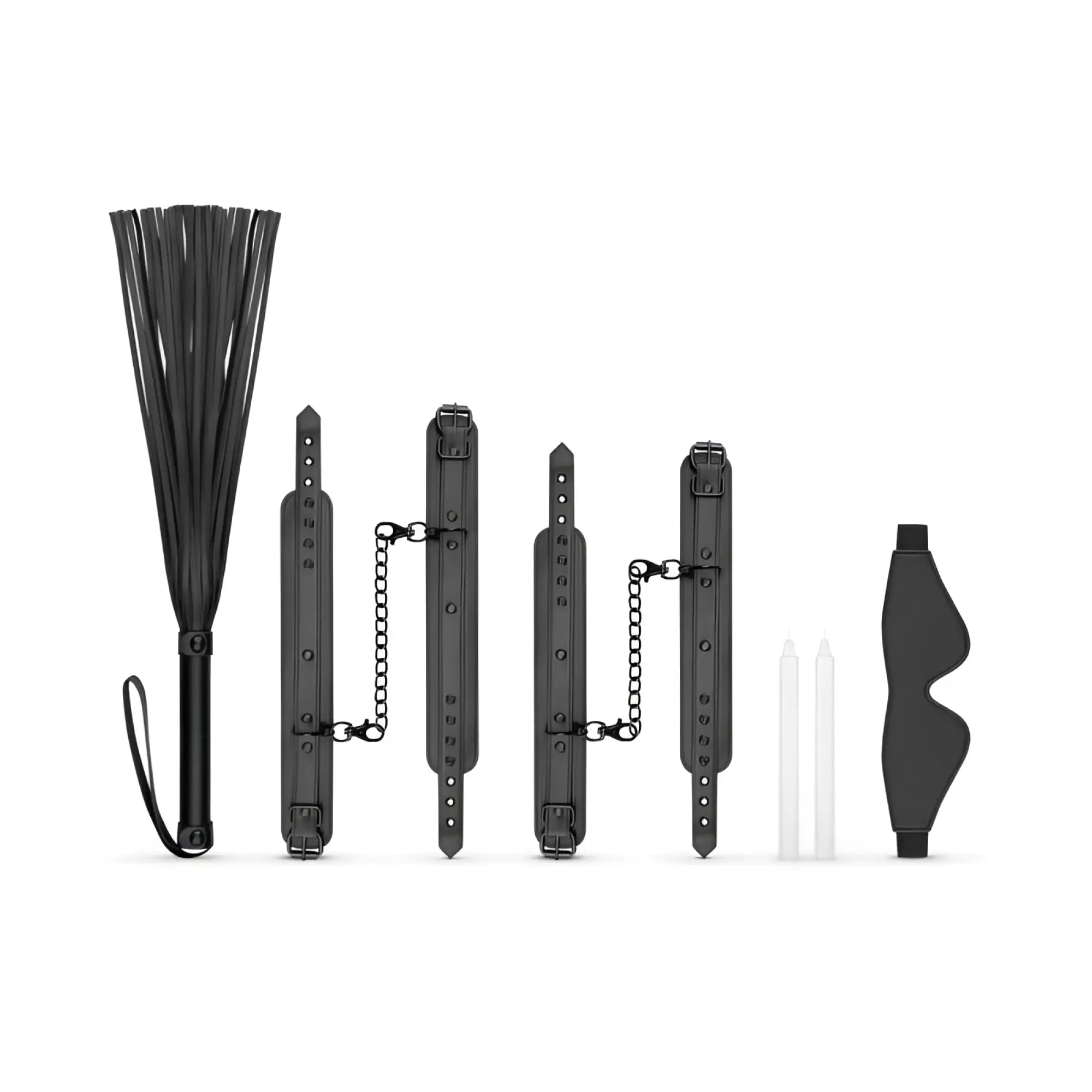 Black leather bondage set with flogger cuffs and blindfold in Bedroom Fantasies kinky 5 pc black collection