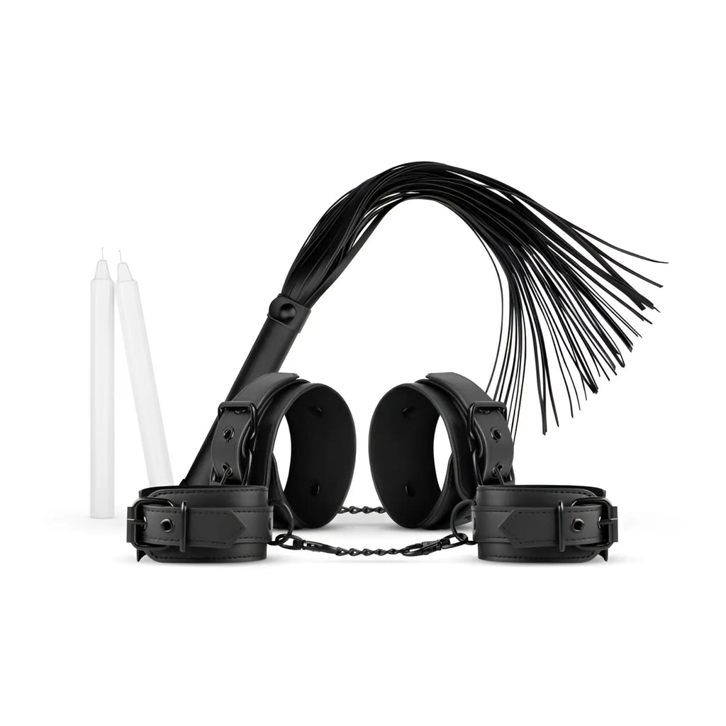 Black leather flogger with chain and cuffs from bedroom fantasies kinky bondage set 5 pc black for adult play